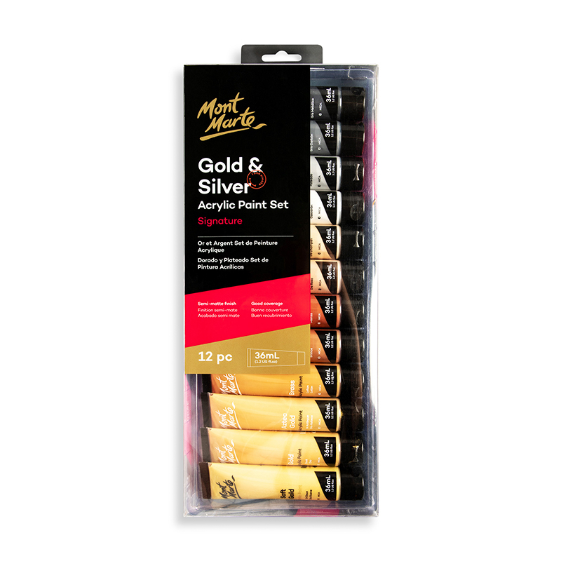 PINTURAS ACRILICAS DORADO Y PLATEADO SETX12 36ML MONT MARTE