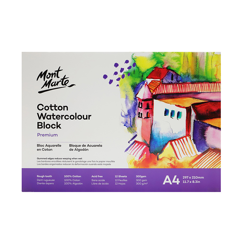 BLOCK DE ACUARELA ALGODON PREMIUM - WATERCOLOUR PAD PREMIUM DE 12 HOJAS 300 GR MONT MARTE A4/A5